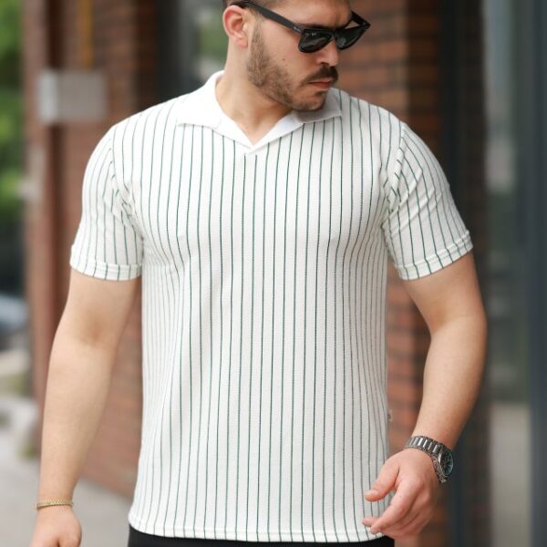 Erkek Yakalı çizgi Desenli Kısa Kollu Tişört