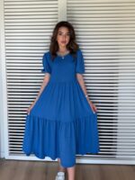 Kadın Kısa Kollu Yakası Açık Katlı Bürümcük Balon Elbise - Görsel 4