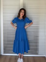 Kadın Kısa Kollu Yakası Açık Katlı Bürümcük Balon Elbise - Görsel 5