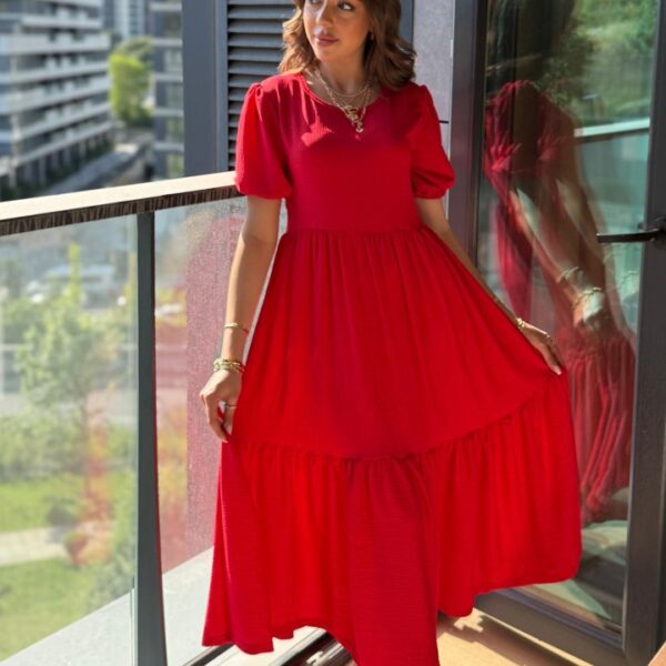 Kadın Kısa Kollu Yakası Açık Katlı Bürümcük Balon Elbise