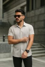 Erkek Kısa Kollu örme Kumaş Pamuklu Gömlek - Görsel 3