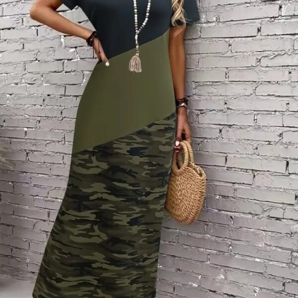 Kadın Kısa Kollu Bisiklet Yaka çok Renkli Maksi Viskon Elbise