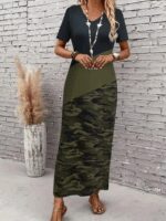 Kadın Kısa Kollu Bisiklet Yaka çok Renkli Maksi Viskon Elbise - Görsel 2