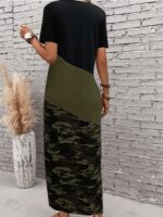 Kadın Kısa Kollu Bisiklet Yaka çok Renkli Maksi Viskon Elbise - Görsel 4