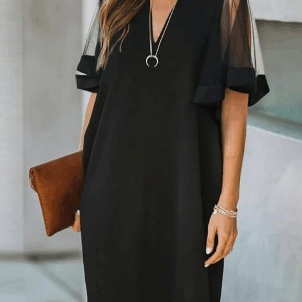 Kadın Tüllü Kısa Kollu V Yaka Krep Elbise