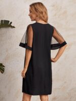 Kadın Tüllü Kısa Kollu V Yaka Krep Elbise - Görsel 4