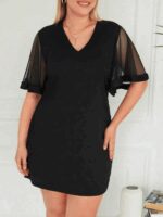 Kadın Tüllü Kısa Kollu V Yaka Krep Elbise - Görsel 8