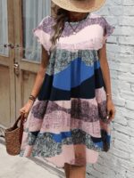 Kadın Kısa Kollu Bisiklet Yaka Kare Desenli Dalgıç Elbise