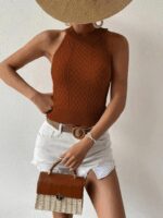 Kadın Kolsuz Halter Yaka Mini Baklava Desenli Triko Bluz - Görsel 2