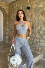 Vesna Keten Çizgili Crop Takım 9806-0025 - Görsel 5