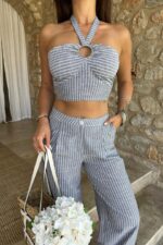 Vesna Keten Çizgili Crop Takım 9806-0025 - Görsel 6