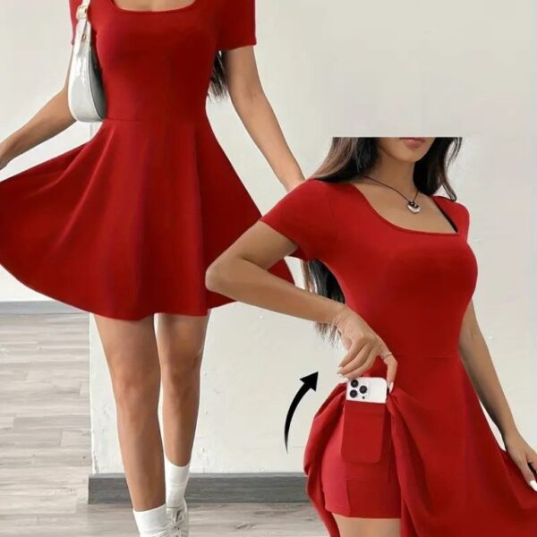 Kadın Kısa Kollu Kare Yaka Short Detaylı Cepli Dalgıç Elbise