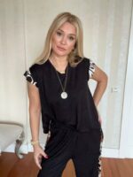 Kadın Yarasa Kol Dijital Baskı Detay Bluz Ve Yanı şerit Detay Kristal Kumaş Pantolon Ikili Takım - Görsel 3