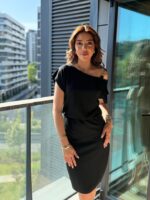 Kadın Kısa Kollu Tek Omuz Askı Ve Aksesuar Detay Beli Lastikli Krep Elbise