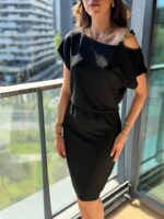 Kadın Kısa Kollu Tek Omuz Askı Ve Aksesuar Detay Beli Lastikli Krep Elbise - Görsel 2