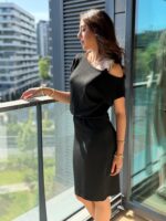 Kadın Kısa Kollu Tek Omuz Askı Ve Aksesuar Detay Beli Lastikli Krep Elbise - Görsel 3