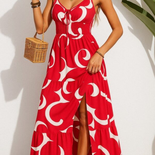 Kadın Ip Askılı Dekolteli Bağcıklı Yırtmaçlı Desenli Süprem Elbise