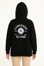 Üç İplik Kapşonlu ön Ve Arka Baskılı SweatShirt Hoodie- Siyah - Görsel 3