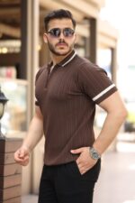 Erkek Yaka Ve Kolları çizgi Detaylı Fermuarlı Kısa Kollu T-shirt - Görsel 2