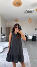 Kadın Bisiklet Yaka Eteği Volanlı Bürümcük Elbise - Görsel 3