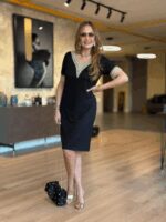 Kadın V Yaka Güpürlü İki İplik Elbise - Görsel 4