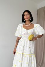 Sarı Dantel Detaylı Brode Elbise - Görsel 2
