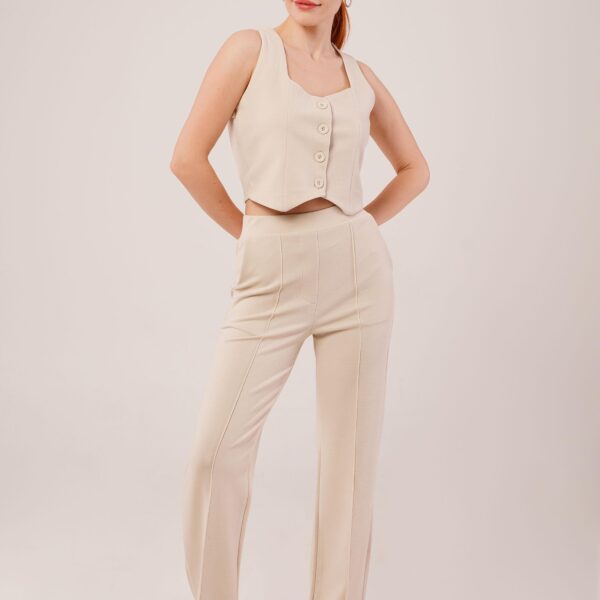 Kalın Askılı Düğmeli Yelek Ve Pantolon Bej Takım