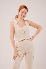 Kalın Askılı Düğmeli Yelek Ve Pantolon Bej Takım - Görsel 3