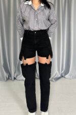 Siyah Askılı İki Parça Jeans Pantolon - Görsel 3