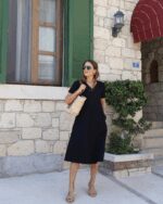 Kadın Kısa Kollu V Yaka Cepli Viskon Elbise