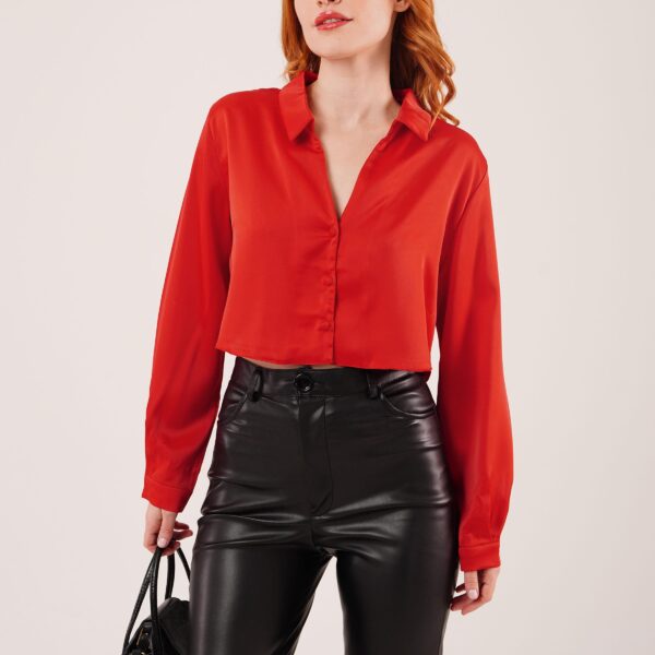 Saten Crop Model Kırmızı Gömlek