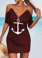 Fermuar Detay çıpa Baskılı Zincir Askılı Iki Iplik Elbise