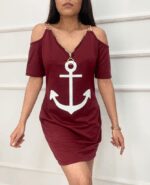 Fermuar Detay çıpa Baskılı Zincir Askılı Iki Iplik Elbise - Görsel 4