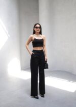Arkasi Lasti̇kli̇ Pi̇leli̇ Dökümlü Wide Leg Pantolon