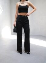 Arkasi Lasti̇kli̇ Pi̇leli̇ Dökümlü Wide Leg Pantolon - Görsel 3