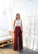Keten Önü Çapraz Parçali Lasti̇kli̇ Ve Bağcikli Geni̇ş Paça Pantolon - Görsel 4