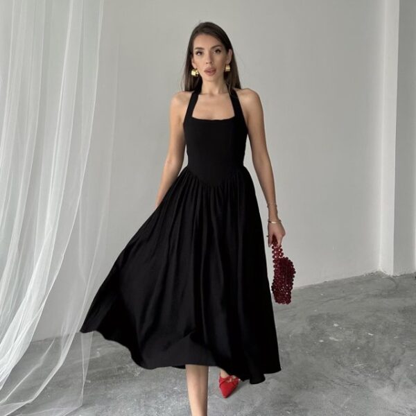 Siyah Boyundan Bağlamalı Keten Elbise