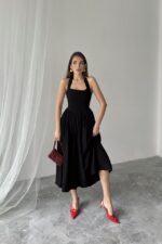 Siyah Boyundan Bağlamalı Keten Elbise - Görsel 2