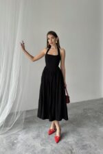 Siyah Boyundan Bağlamalı Keten Elbise - Görsel 3