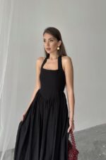 Siyah Boyundan Bağlamalı Keten Elbise - Görsel 4