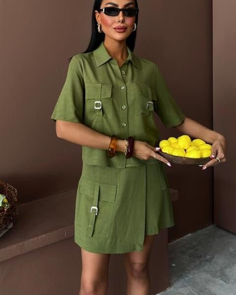 Gömlek Şort Etek Viscon Keten Takım 10162