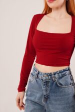 Kare Yaka Basic Bordo Bluz - Görsel 2