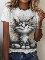Kadın Kısa Kollu Bisiklet Yaka Kedi Baskılı Süprem Bluz