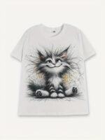 Kadın Kısa Kollu Bisiklet Yaka Kedi Baskılı Süprem Bluz - Görsel 3