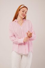 Kol Düğmeli Çizgili Pembe Gömlek - Görsel 2