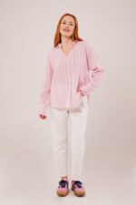 Kol Düğmeli Çizgili Pembe Gömlek - Görsel 3