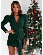 Kadın Uzun Kollu Kruvaze Yaka Karpuz Kol Eteği Fırfır Detay Krep Mini Elbise - Görsel 3