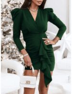 Kadın Uzun Kollu Kruvaze Yaka Karpuz Kol Eteği Fırfır Detay Krep Mini Elbise - Görsel 4