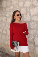 Kadın Uzun Kollu Tek Omuzu Açık Akrilik Bluz - Görsel 2