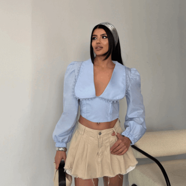 CROP POPLİN GÖMLEK YAKA KENAR DANTEL DETAYLI